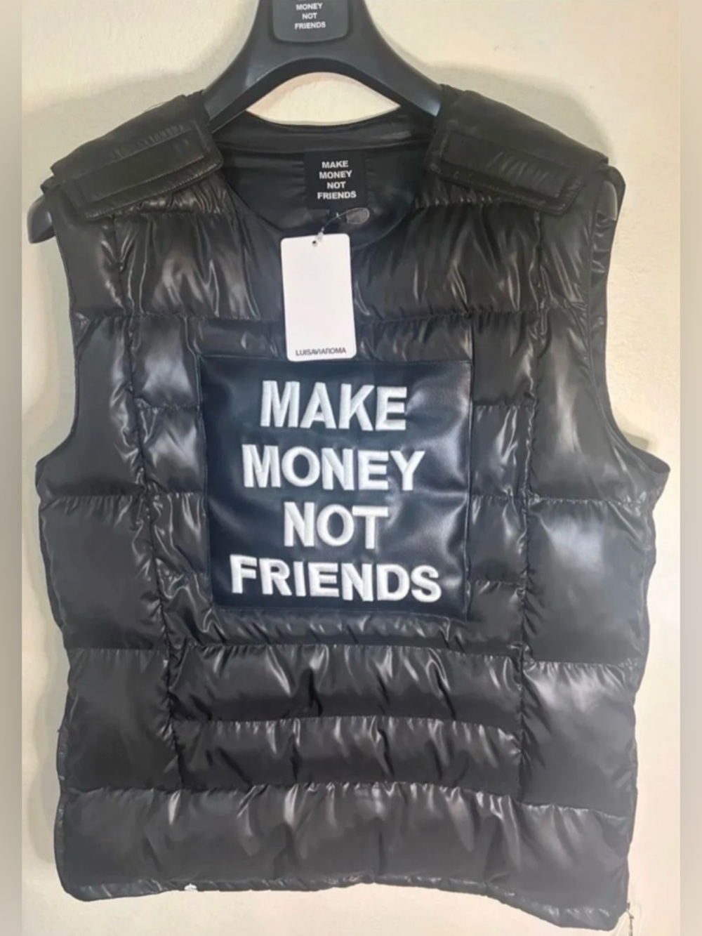MAKE MONEY NOT FRIENDS Black Quilted Puffer Vest